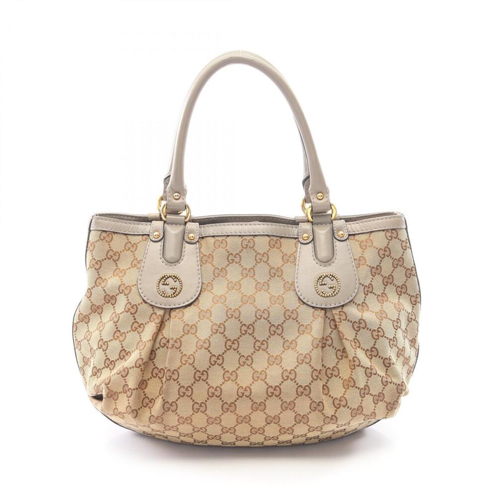 Gucci Joy GG Canvas Leather Tote Bag Tan Gray